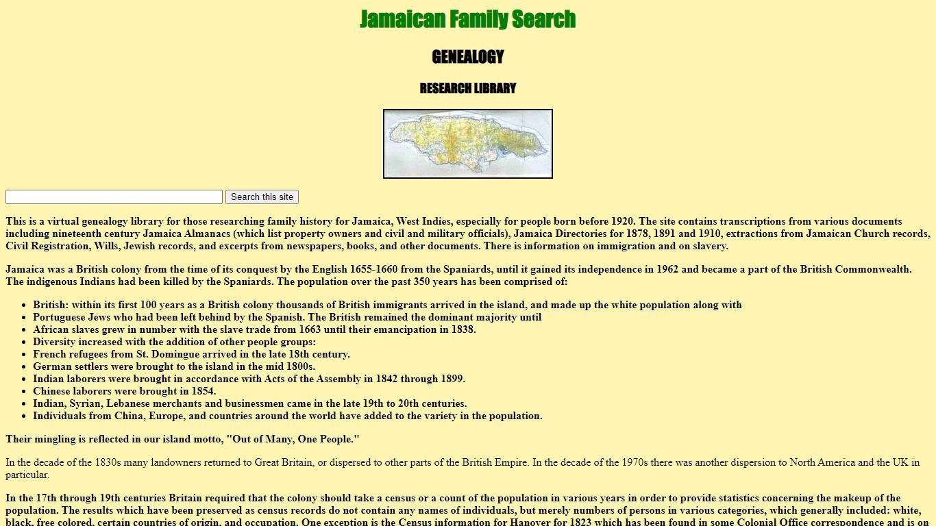 Jamaican Family Search Genealogy Research Library- home page